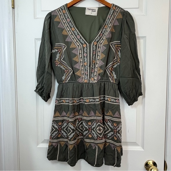 Savanna Jane Dresses & Skirts - Savanna Jane Geometric Embroidered Patterned Olive Green Mini Dress Size Medium